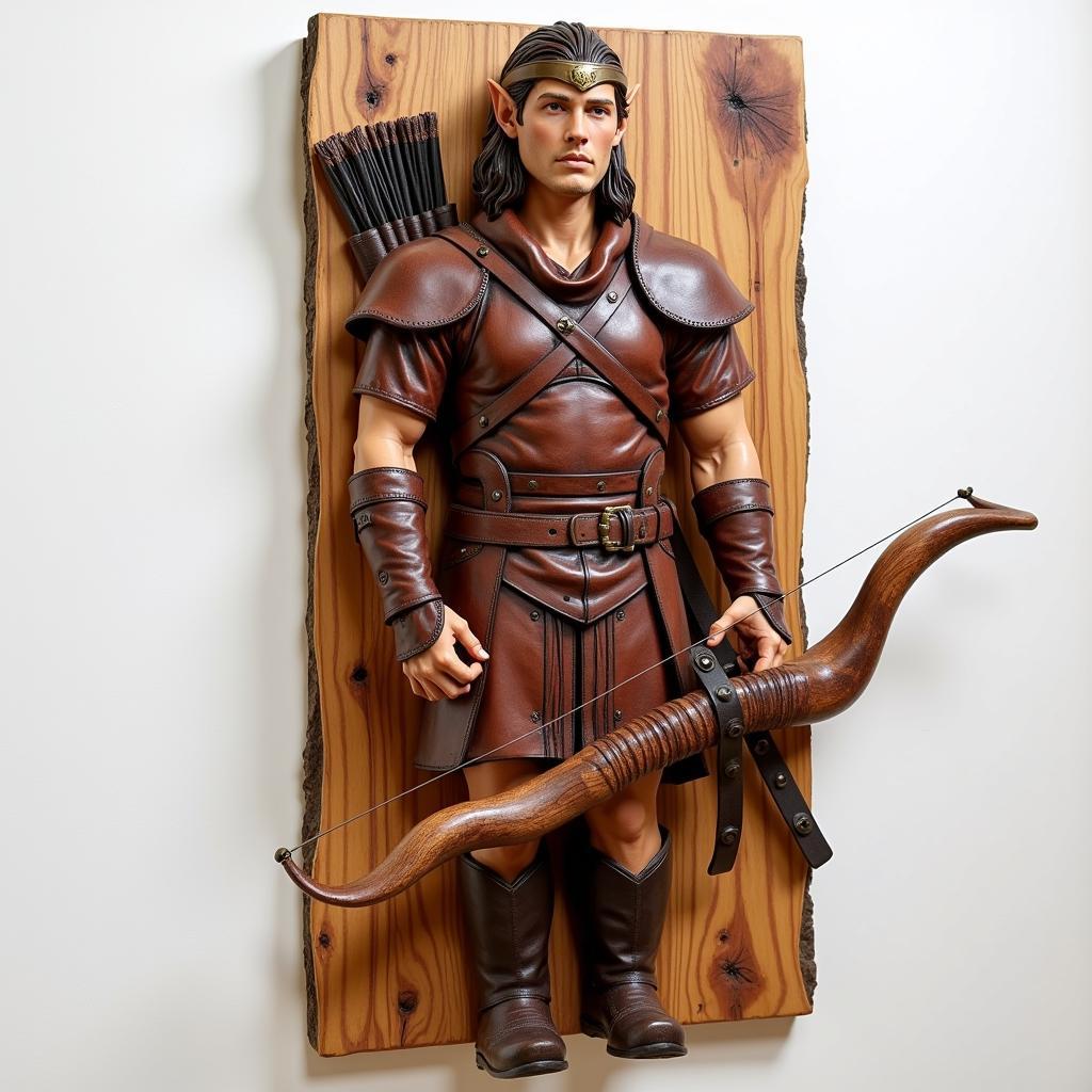 Intricately carved wooden wall sculpture of an elf warrior