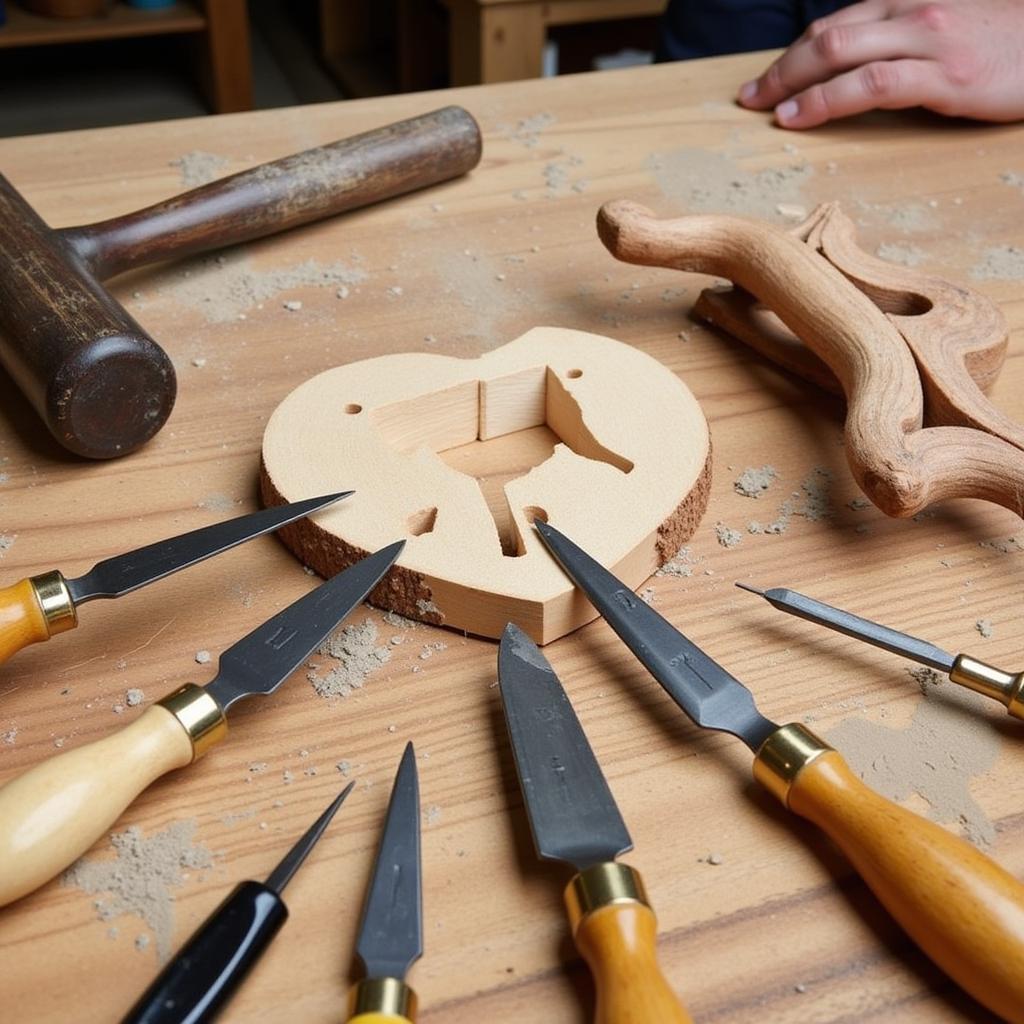 Wood carving tools and a partially carved workpiece on a workbench.