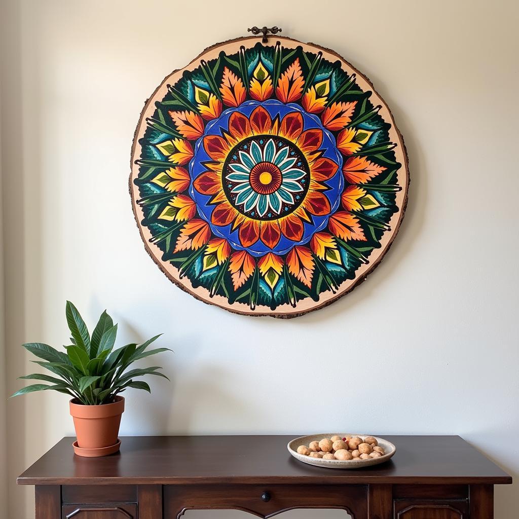 Intricate Mandala Design on a Wood Circle Wall Hanging