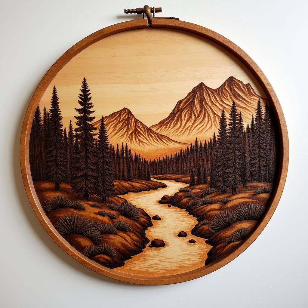 Wood Circle Art Featuring a Pyrography Landscape