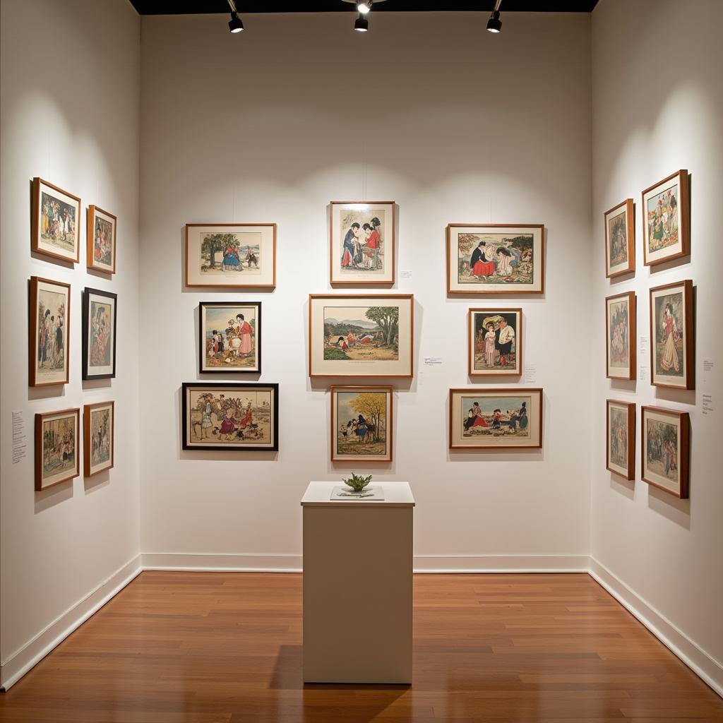 Woodblock art display in a gallery