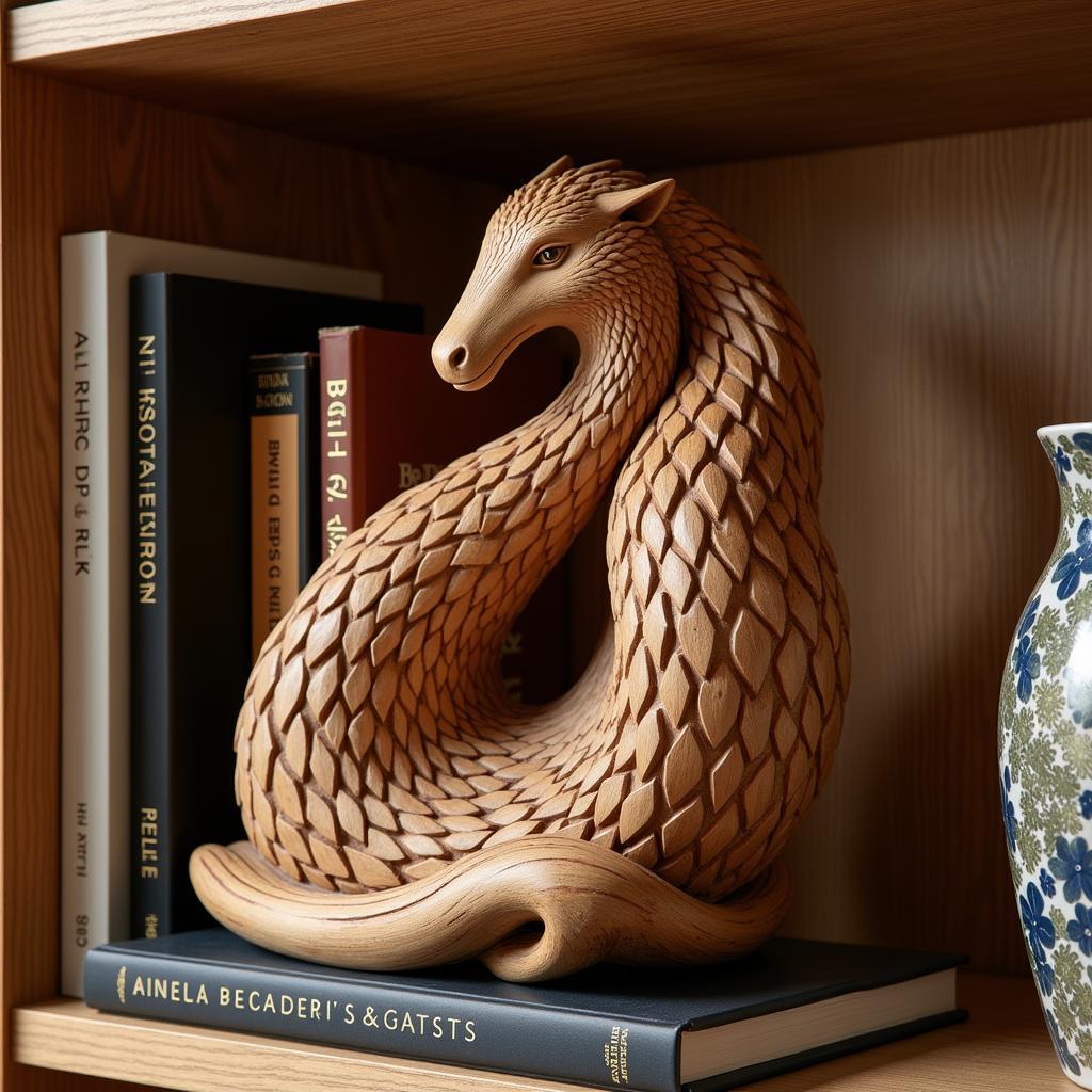 Abstract Wooden Sculpture on a Bookshelf