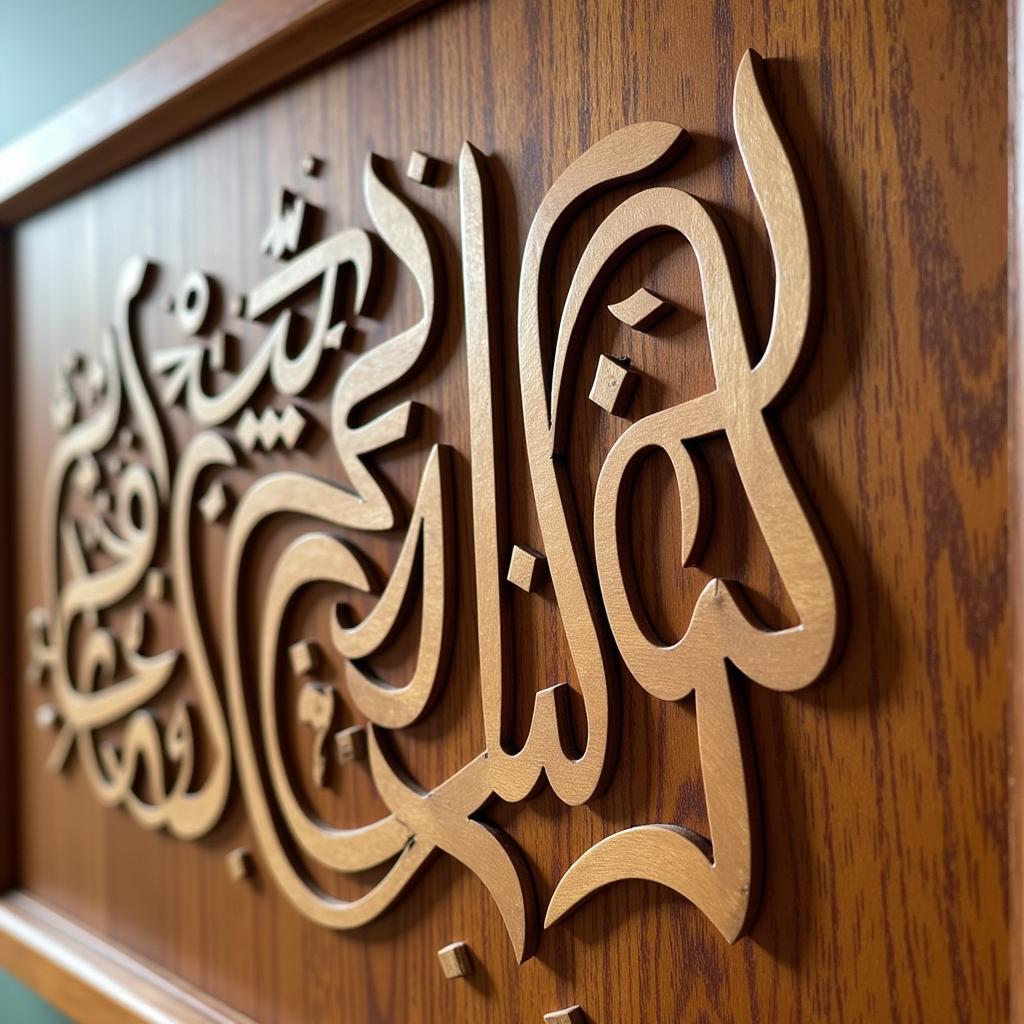 Intricate wooden panel featuring Islamic calligraphy in Thuluth script