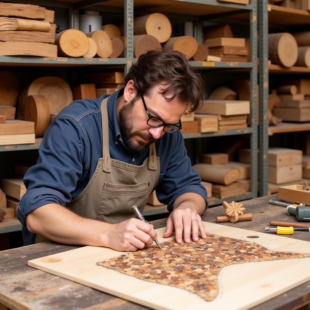 An artist meticulously arranging wooden pieces to create a stunning mosaic artwork in their studio.