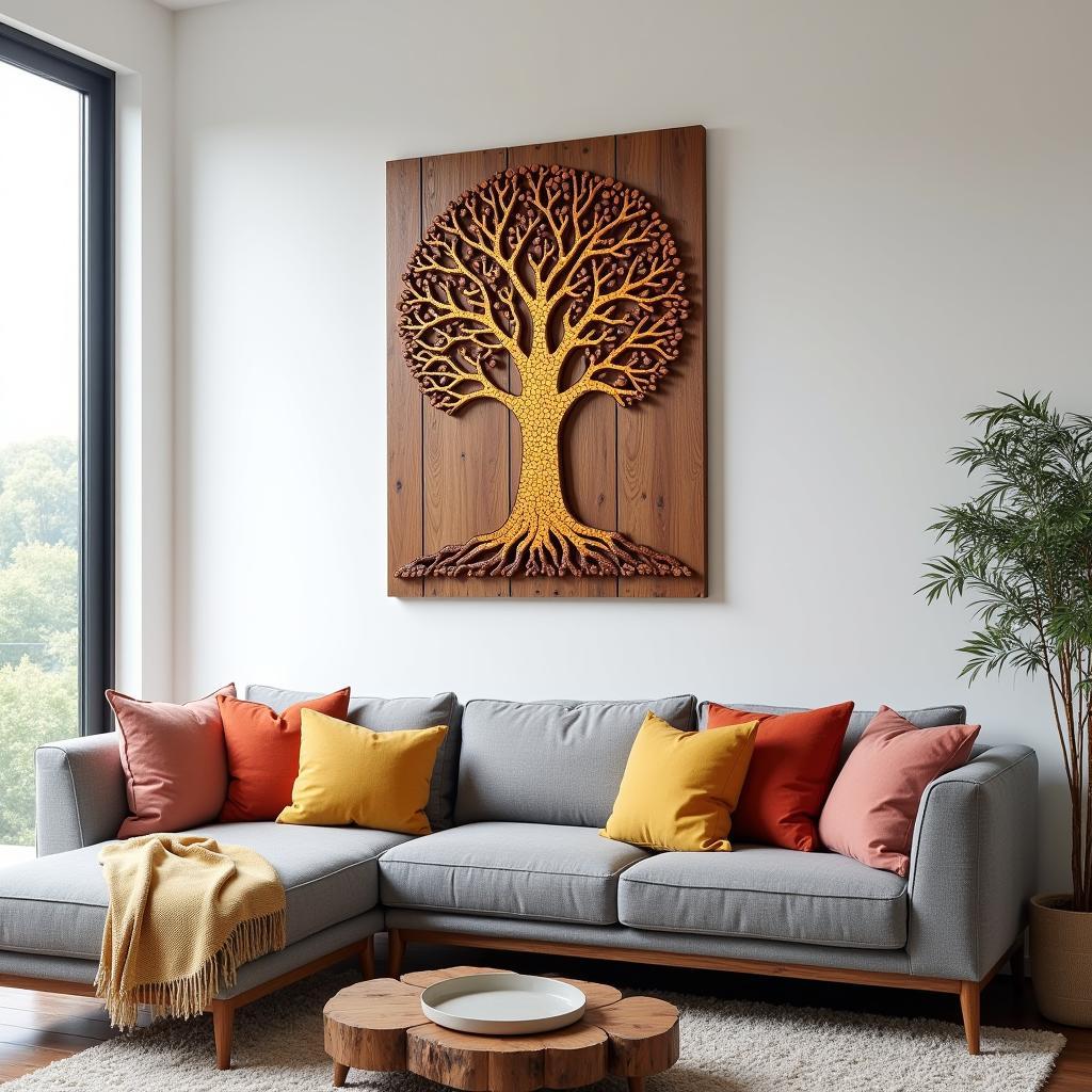 Wooden mosaic wall art adds a touch of nature and artistry to a modern living room setting.