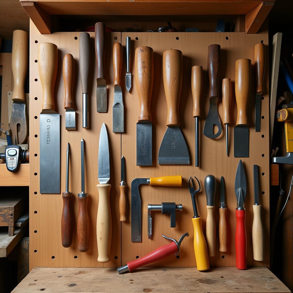 Woodworking hand tools in a workshop