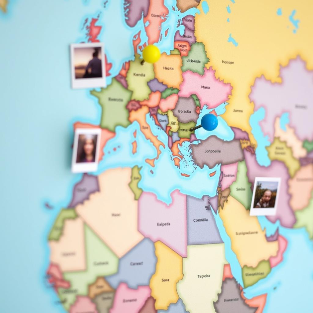 Close-up of a world map with pins and attached travel photos 