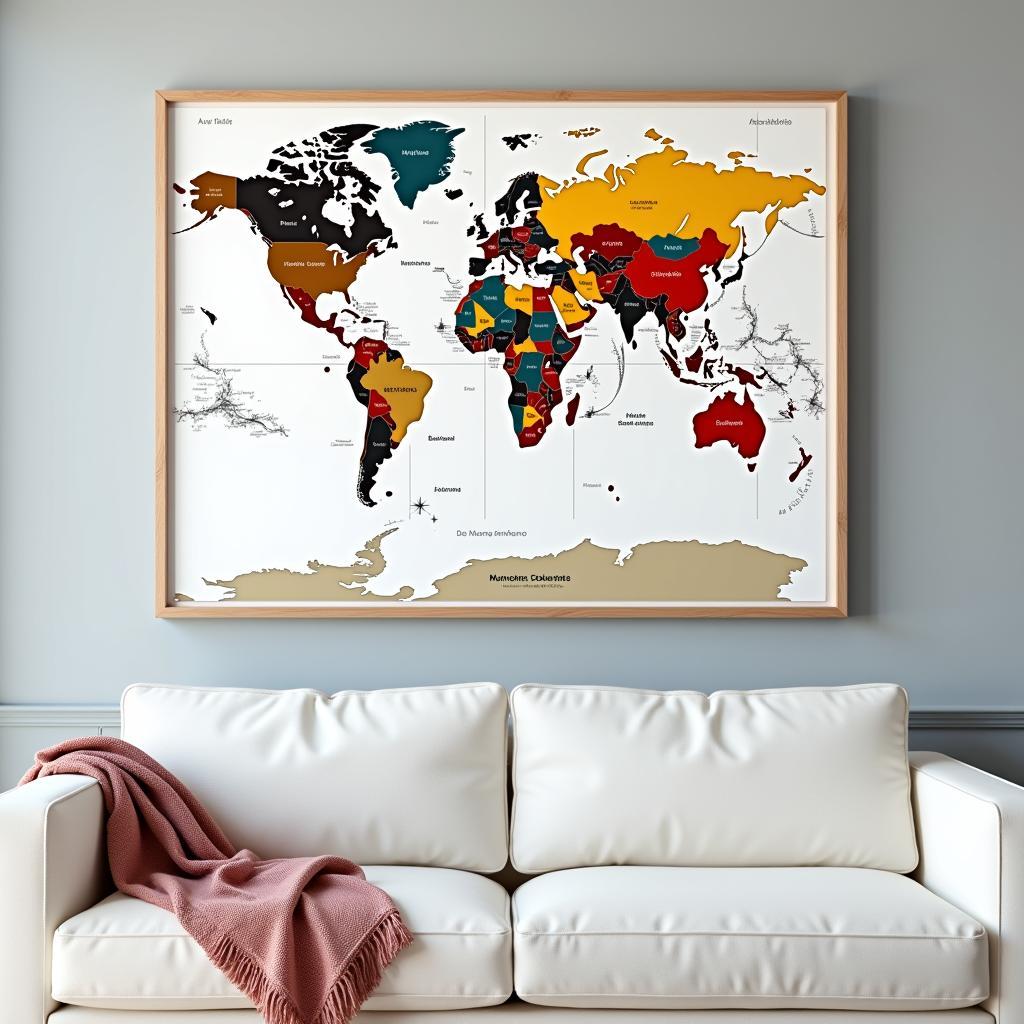 World map wall art with pins displayed in a modern living room