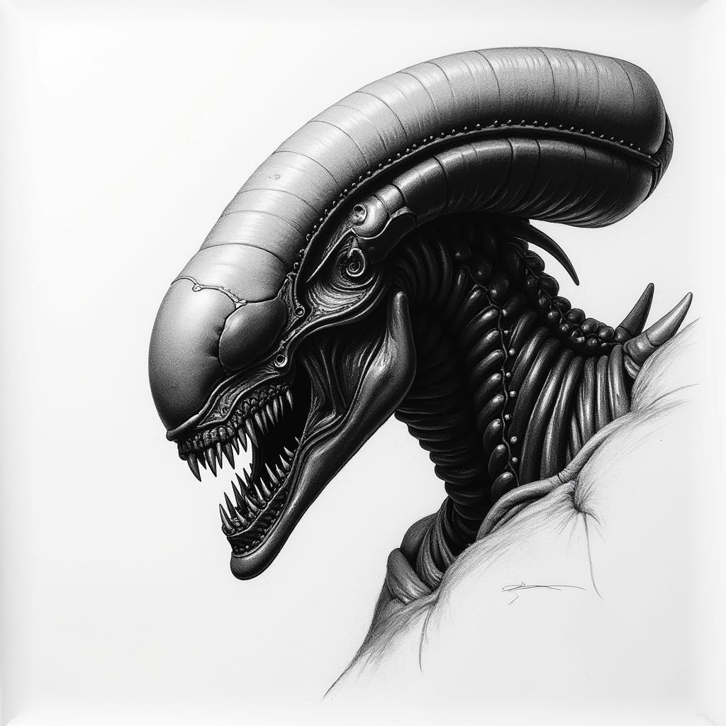 Haunting Xenomorph Portrait: Charcoal on Paper