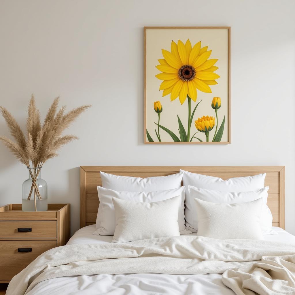 Yellow flower wall art adds a touch of elegance above a bed