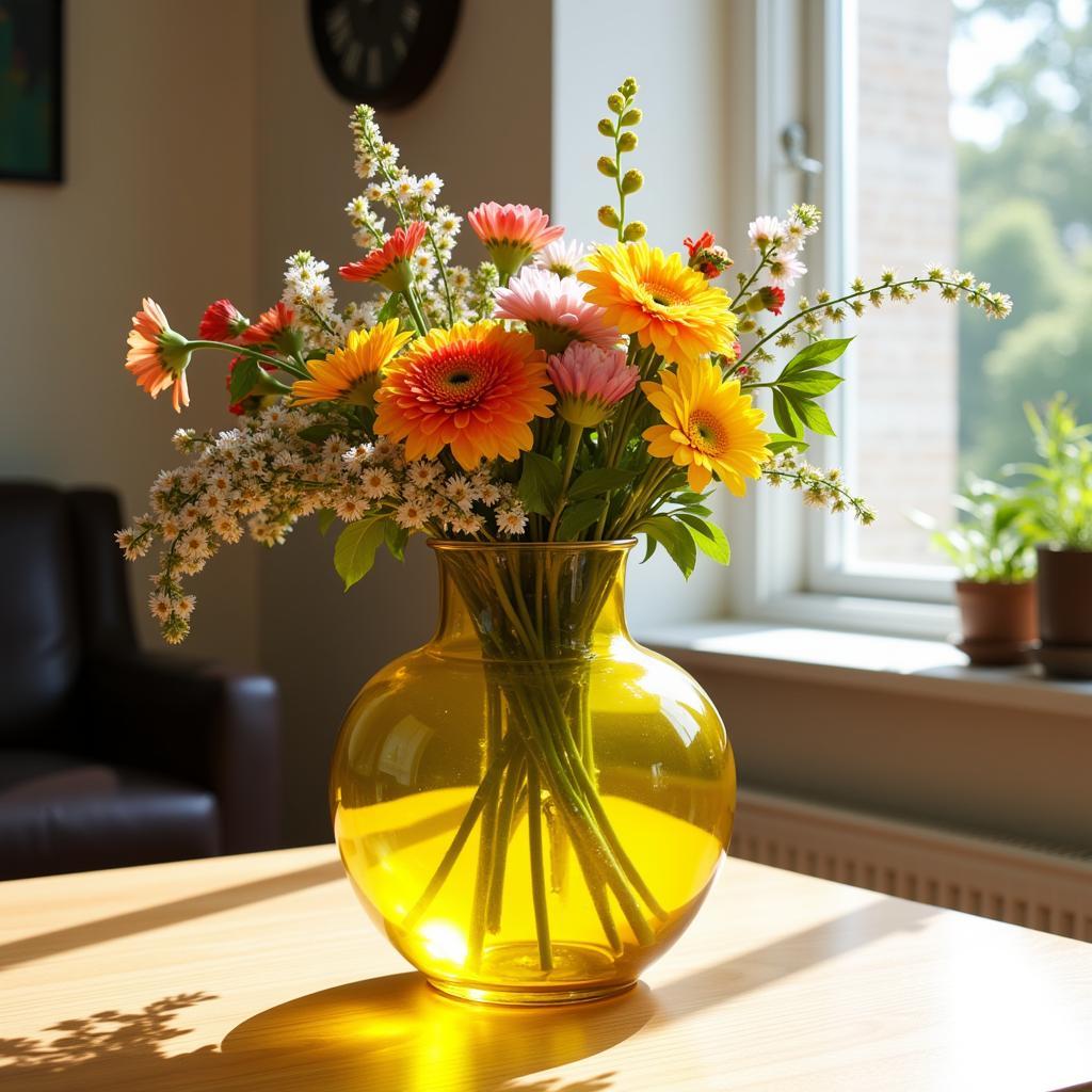 Yellow Glass Vase with Floral Arrangement