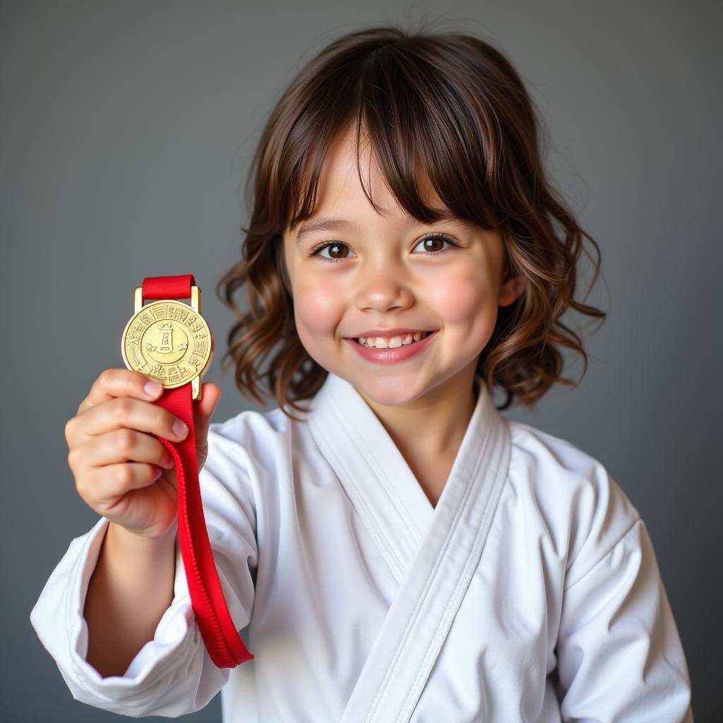 A young martial artist proudly displays their medal