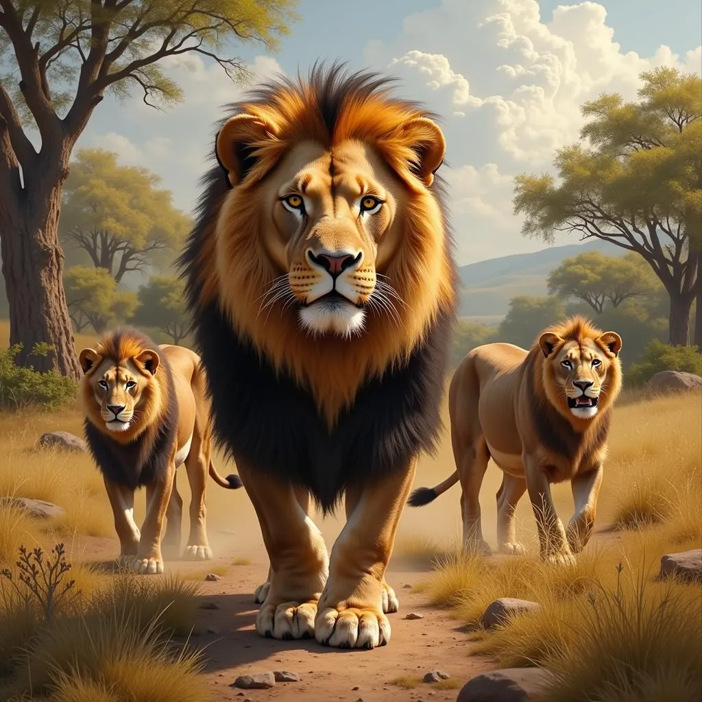 A digital painting depicting a pride of lions in the African savanna