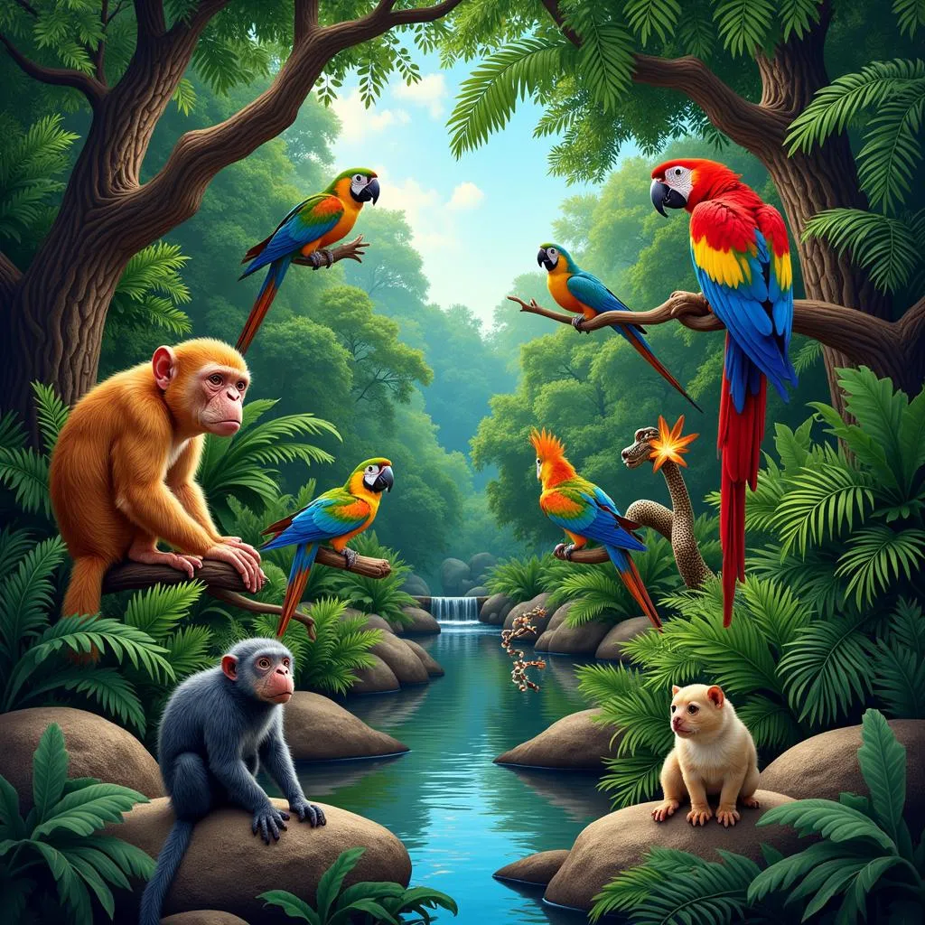 A colorful and vibrant digital art piece showcasing a diverse array of animals in a tropical rainforest