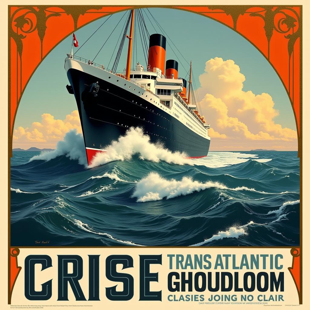 A vintage travel poster depicting a stylized ocean liner with geometric patterns and bold colors.