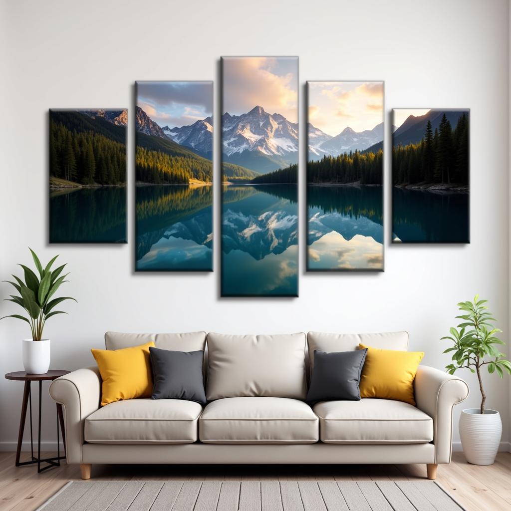 Five-panel nature landscape wall art displaying a serene mountain vista.