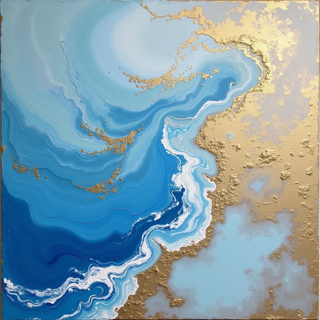 Abstract Beach Scene Painting with Blue and Gold Hues