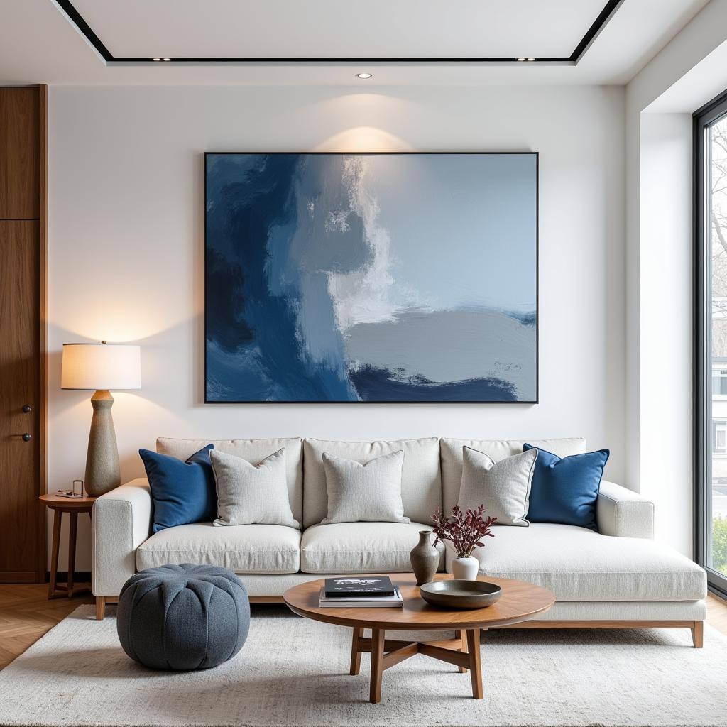 Abstract Blue and Gray Art in a Modern Living Room