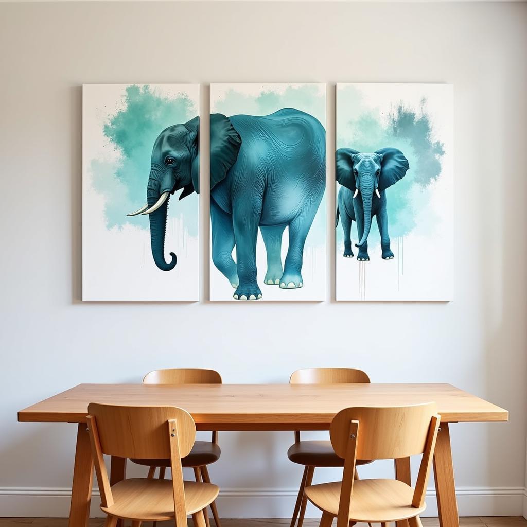 Abstract Elephant Wall Art Canvas Triptych in a Dining Room