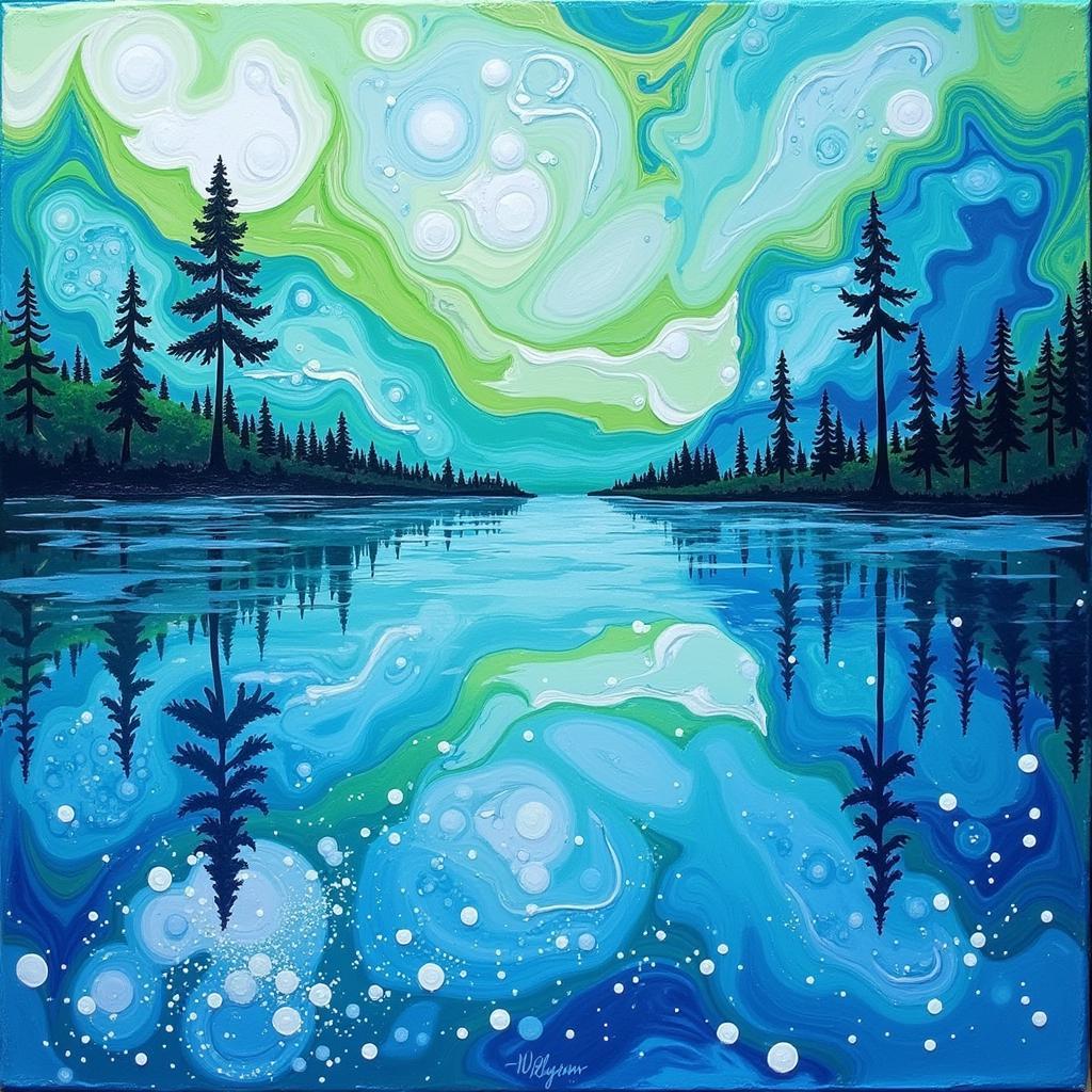 Abstract Lake Art Created Using Acrylic Pouring Technique