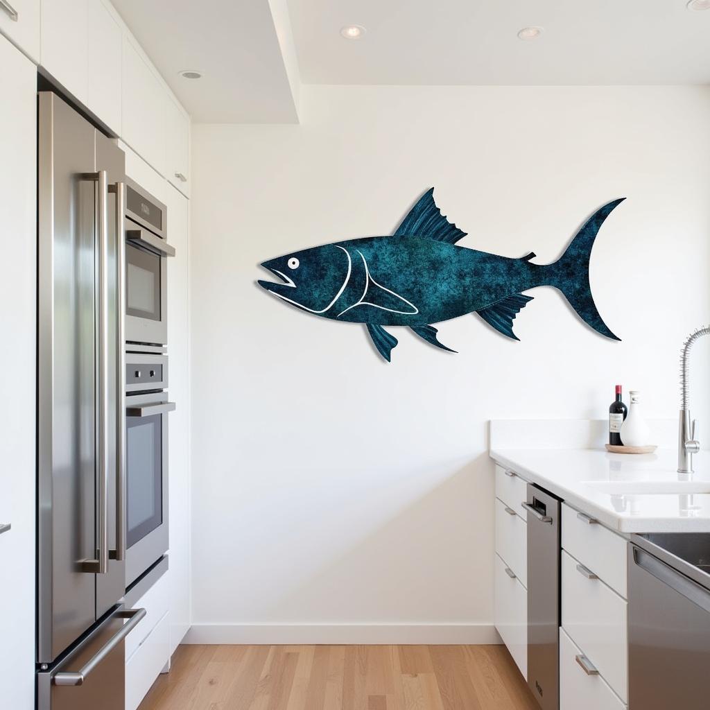 Abstract Mahi Mahi Metal Wall Art in a Modern Kitchen