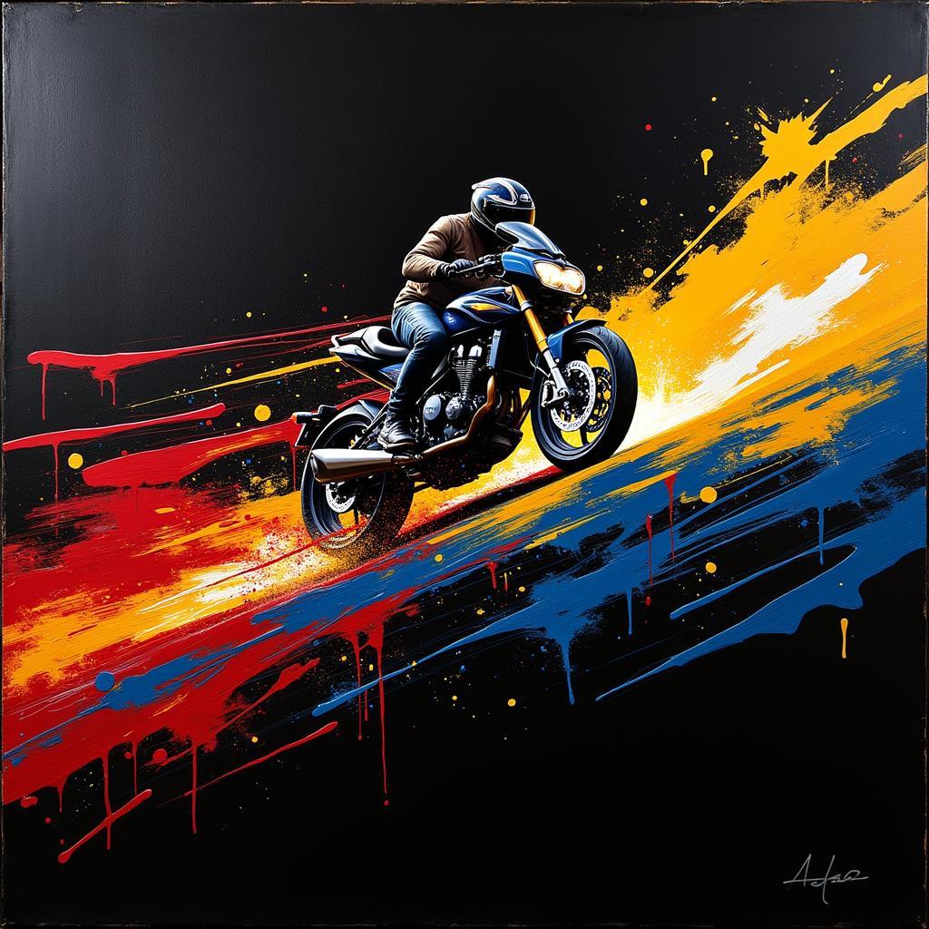 Abstract Motorcycle Canvas Art with Vibrant Colors and Dynamic Lines