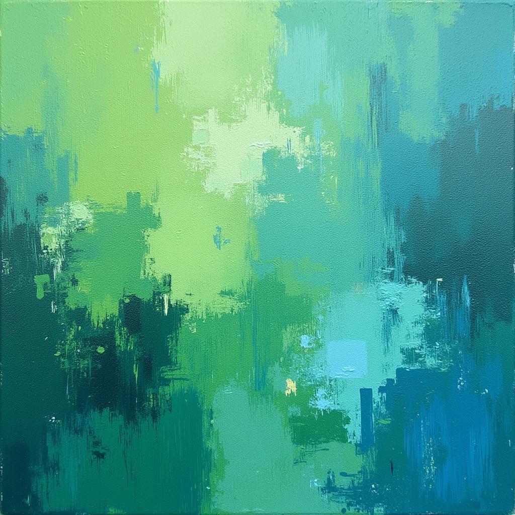 Abstract painting with green and blue textures on canvas