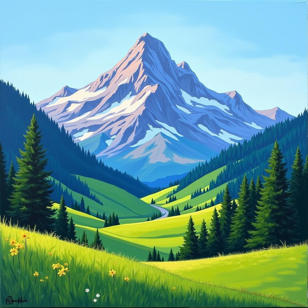 Original acrylic landscape painting depicting a majestic mountain scene with rich textures.