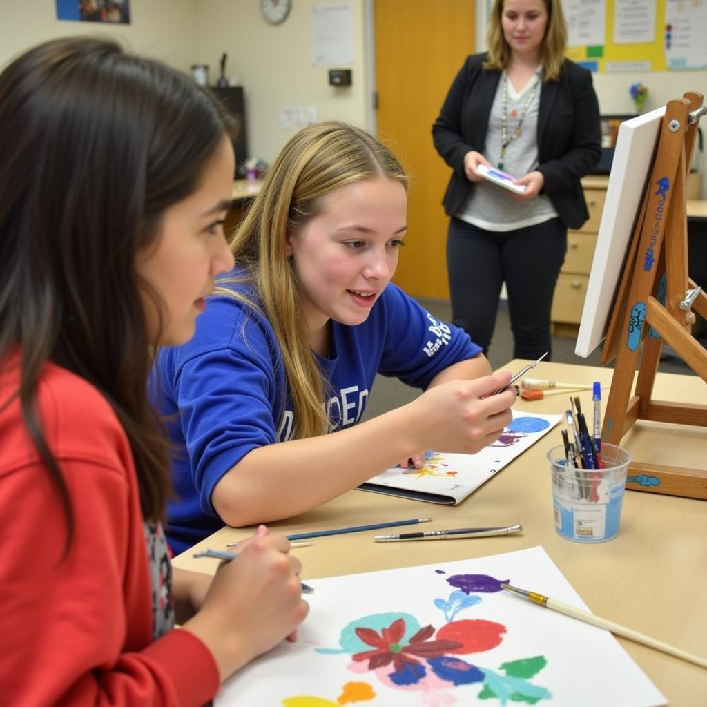 Students using adapted art techniques and tools in a specialized art class.