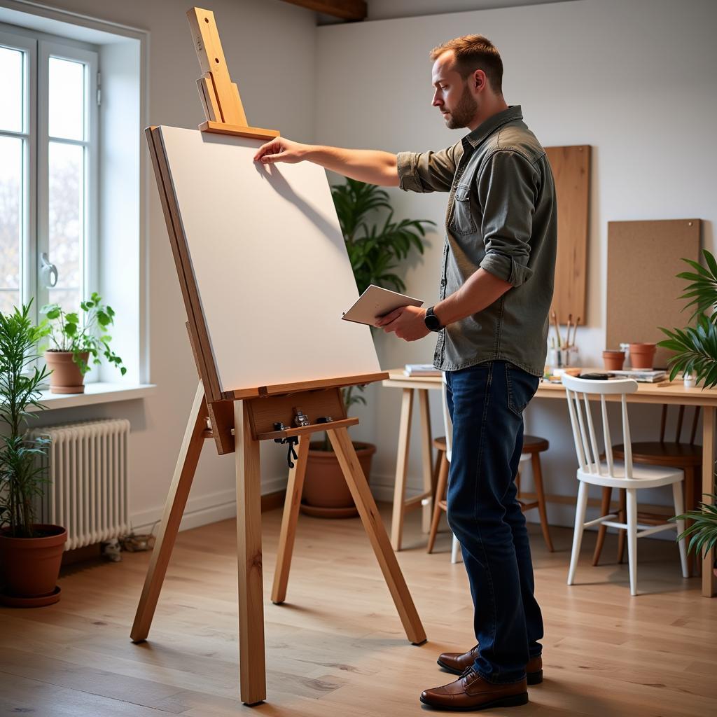 Artist Adjusting an Art Box Easel in a Studio