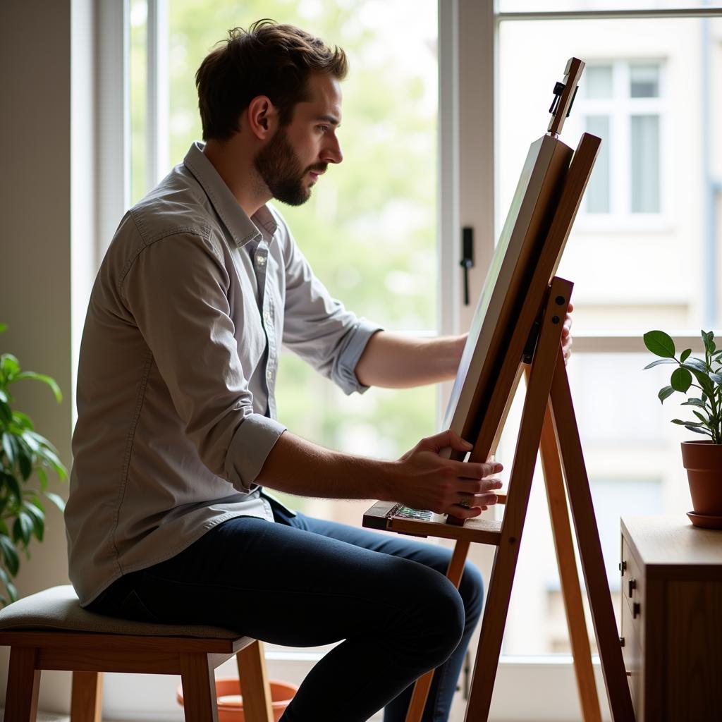 An artist adjusting their painting art easel for optimal ergonomic positioning