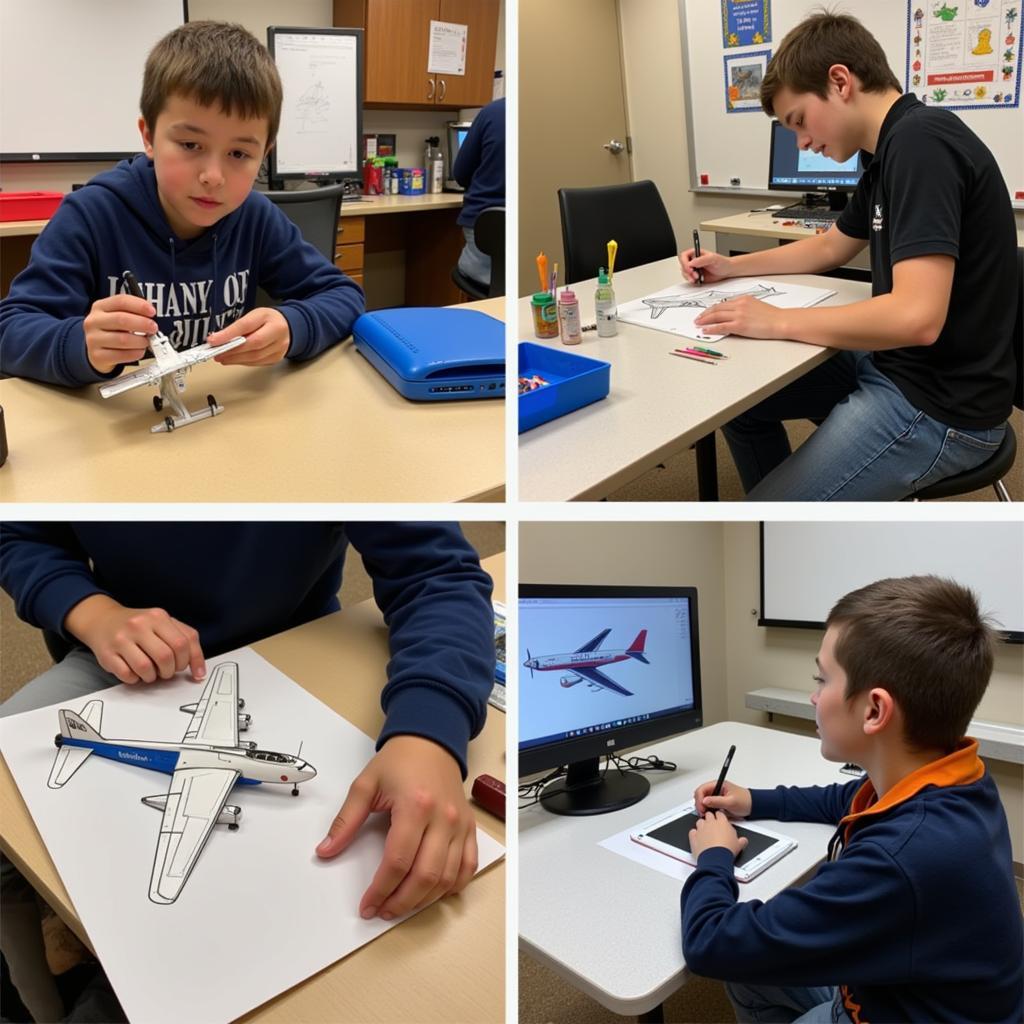 Teenagers working on advanced airplane art projects like model building and digital art