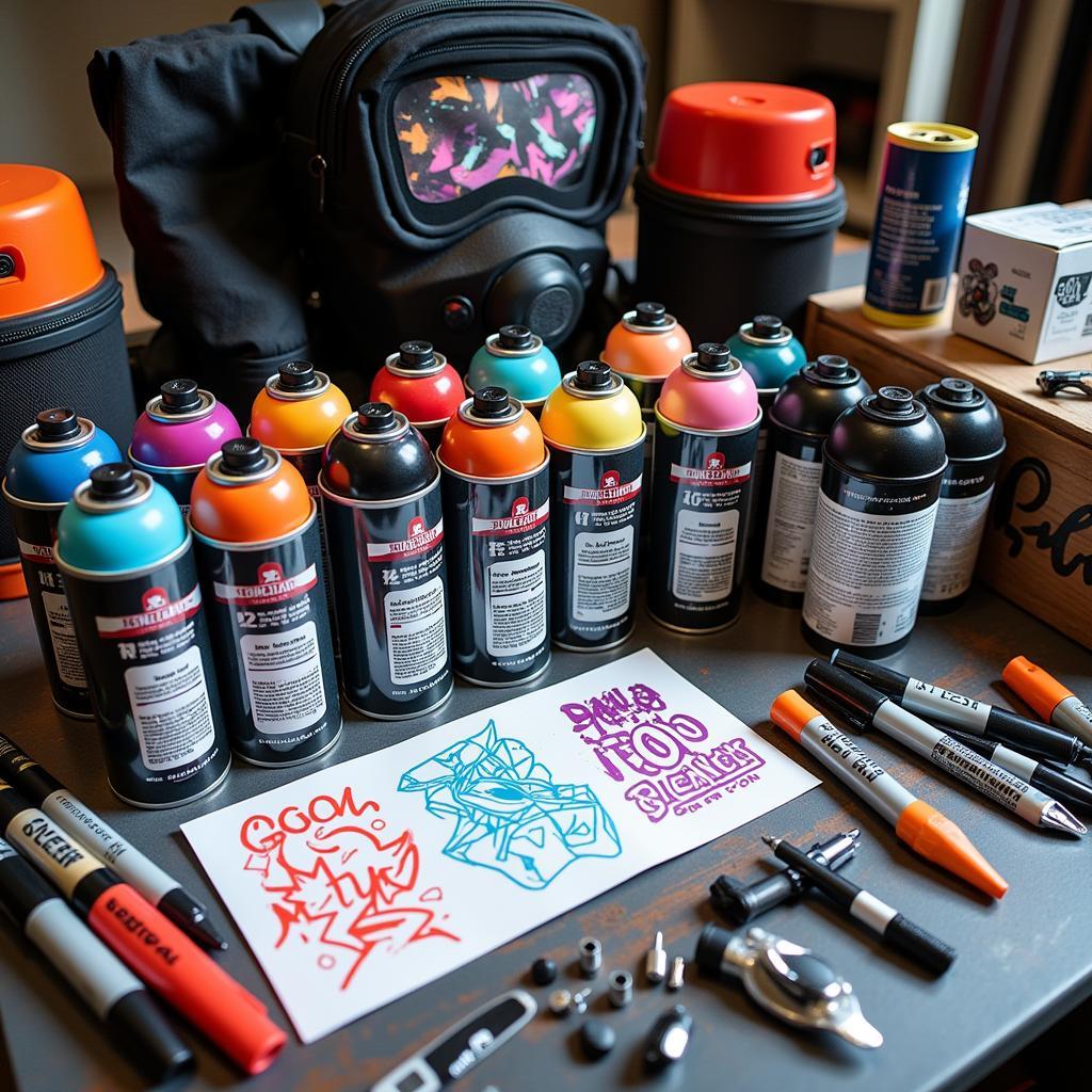 Advanced Graffiti Art Kit Contents: High-quality spray paint cans in a wide spectrum of colors, specialized nozzles, markers, stencils, protective gear, and cleaning supplies.