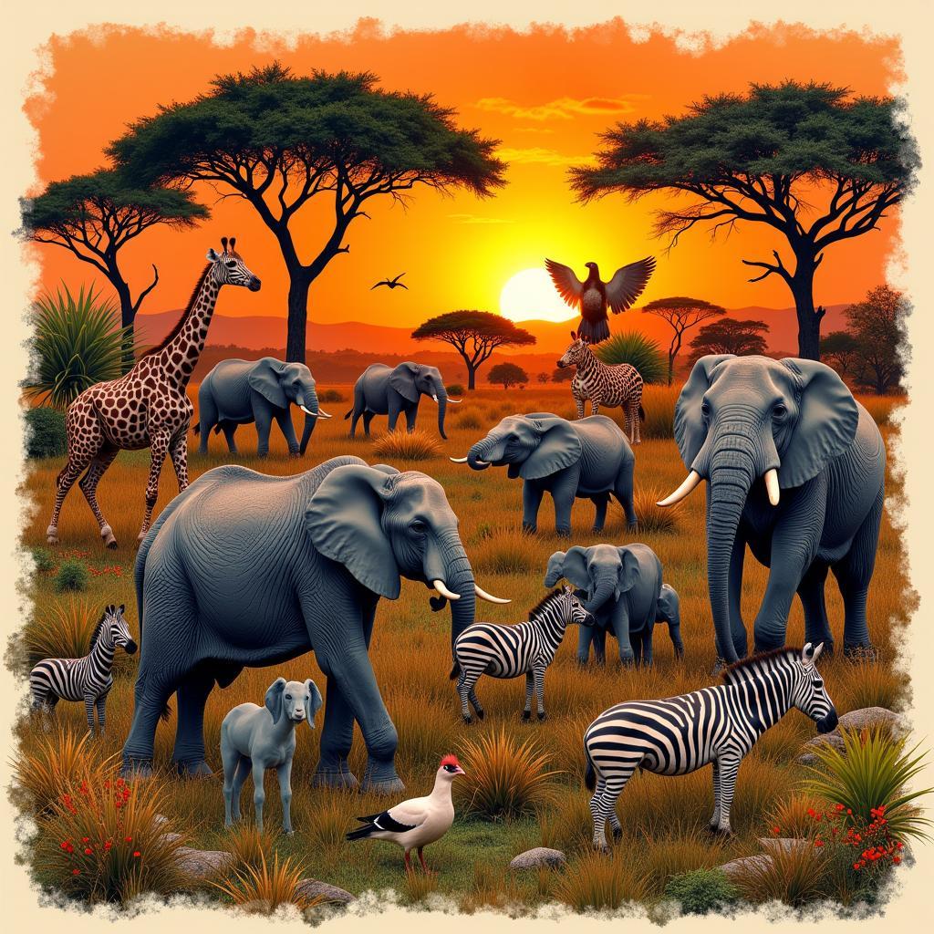 African Art Print Depicting a Wildlife Scene