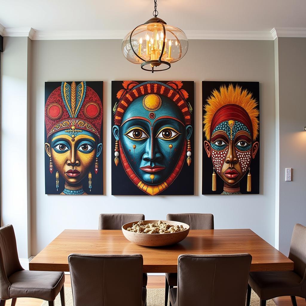 African Mask Canvas Wall Art in a Dining Room