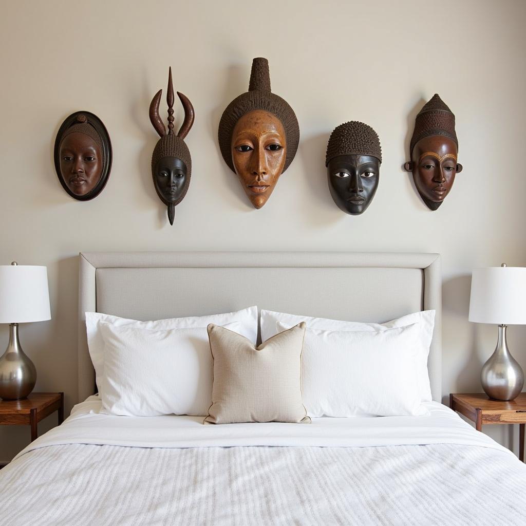 African mask wall art in a bedroom