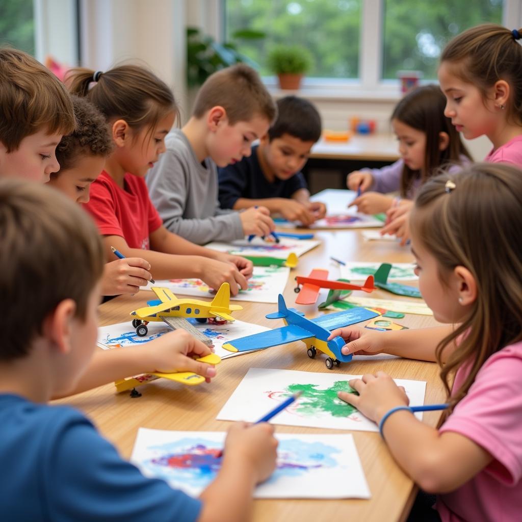 Kids engaging in various airplane art projects