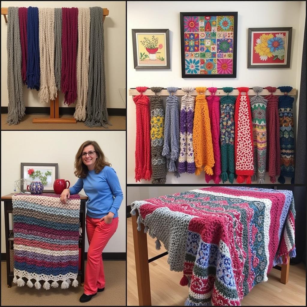 Display of finished yarn art projects, showcasing the diverse creations possible with Alexandra art of yarn, including wall hangings, scarves, and blankets.