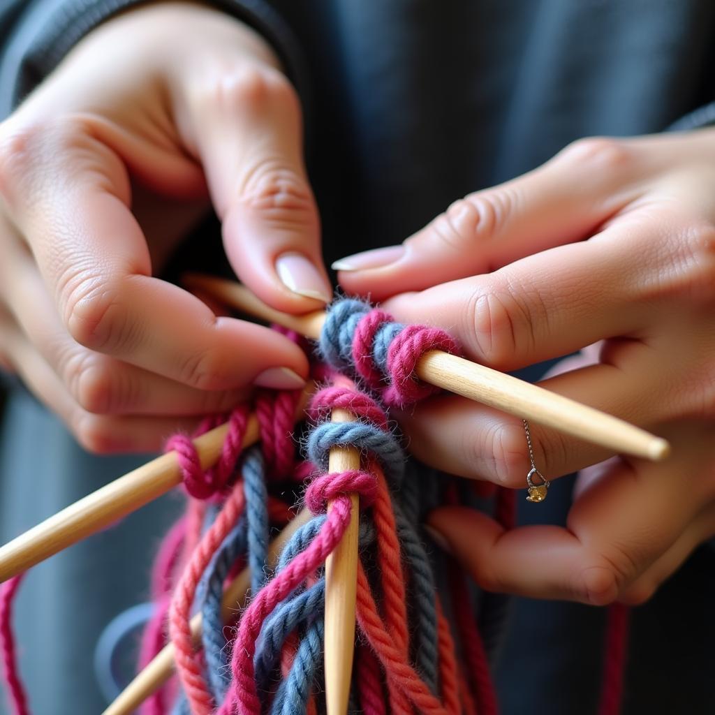 Close-up of hands knitting with colorful yarn, demonstrating the intricate details of the alexandra art of yarn technique.