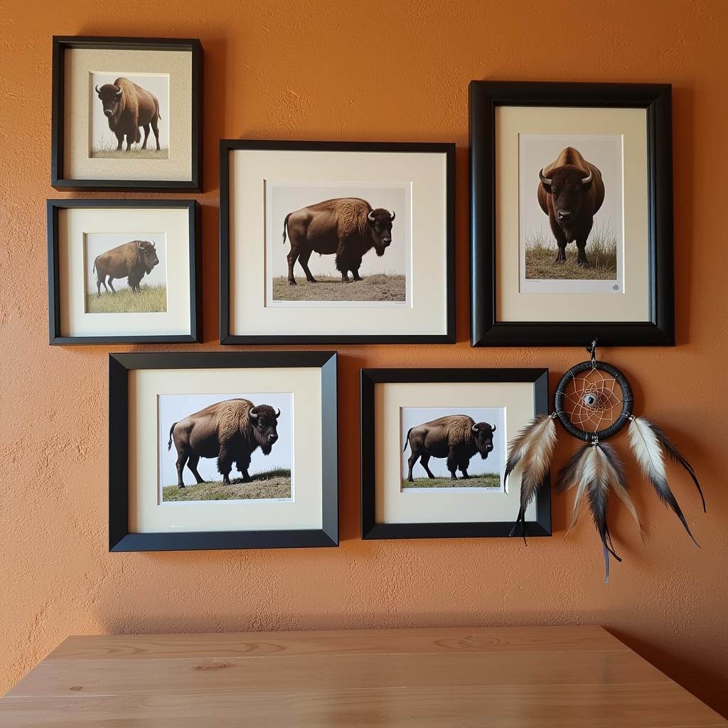 Gallery wall featuring various American bison artworks in a rustic setting