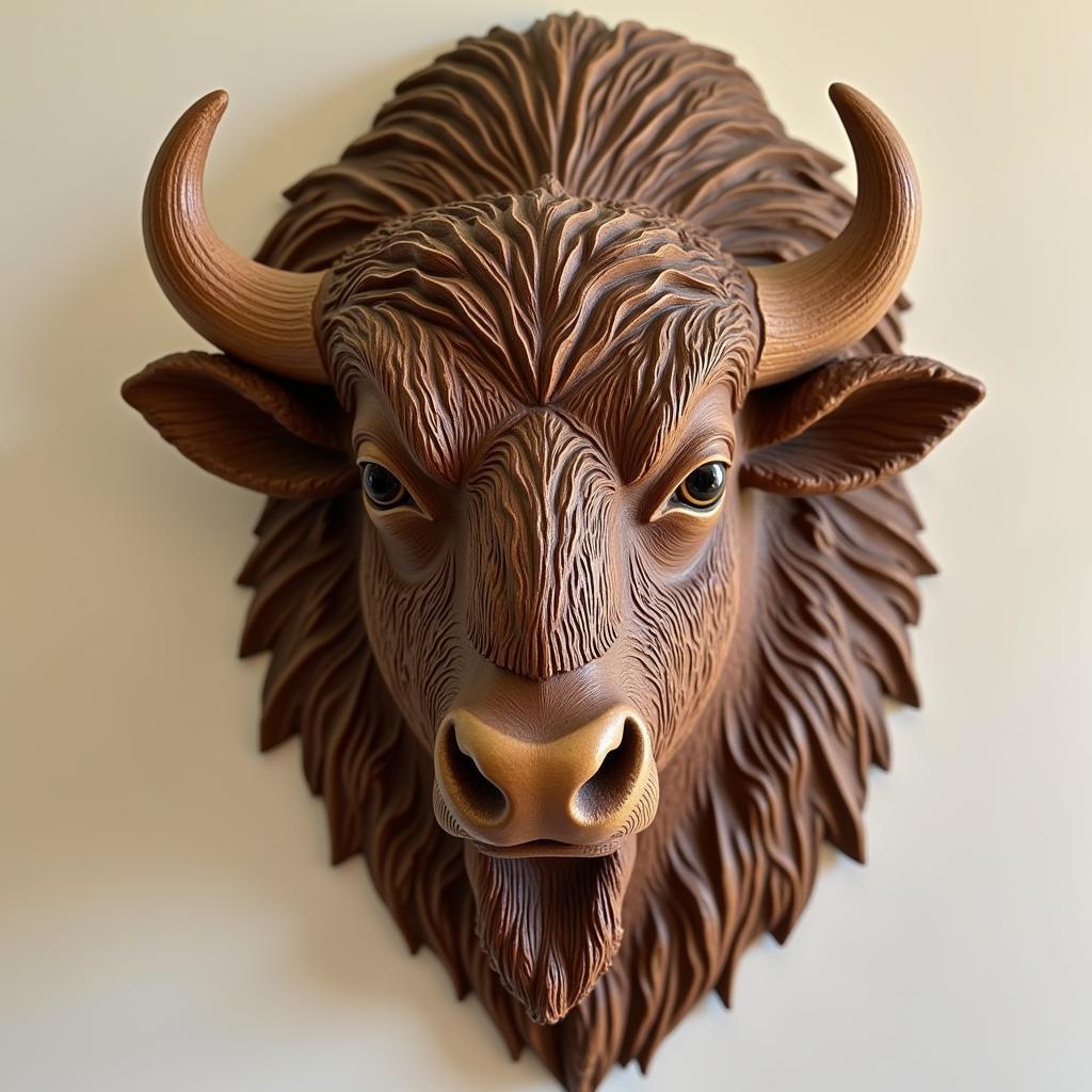 Rustic wood carving of an American bison head mounted on a wall