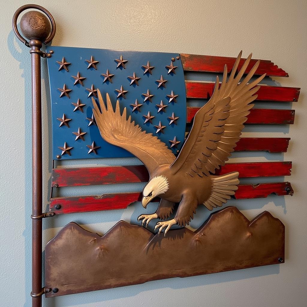 American Metal Flag Wall Art Depicting a Bald Eagle Soaring Above a Mountain Range