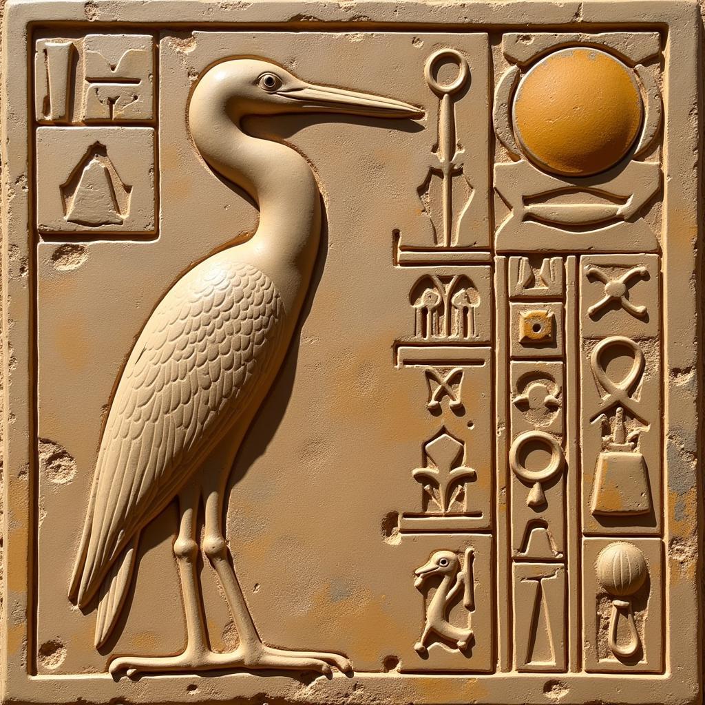 Ancient Egyptian Heron Hieroglyph: Depiction of a heron in a hieroglyphic inscription, symbolizing creation and rebirth.