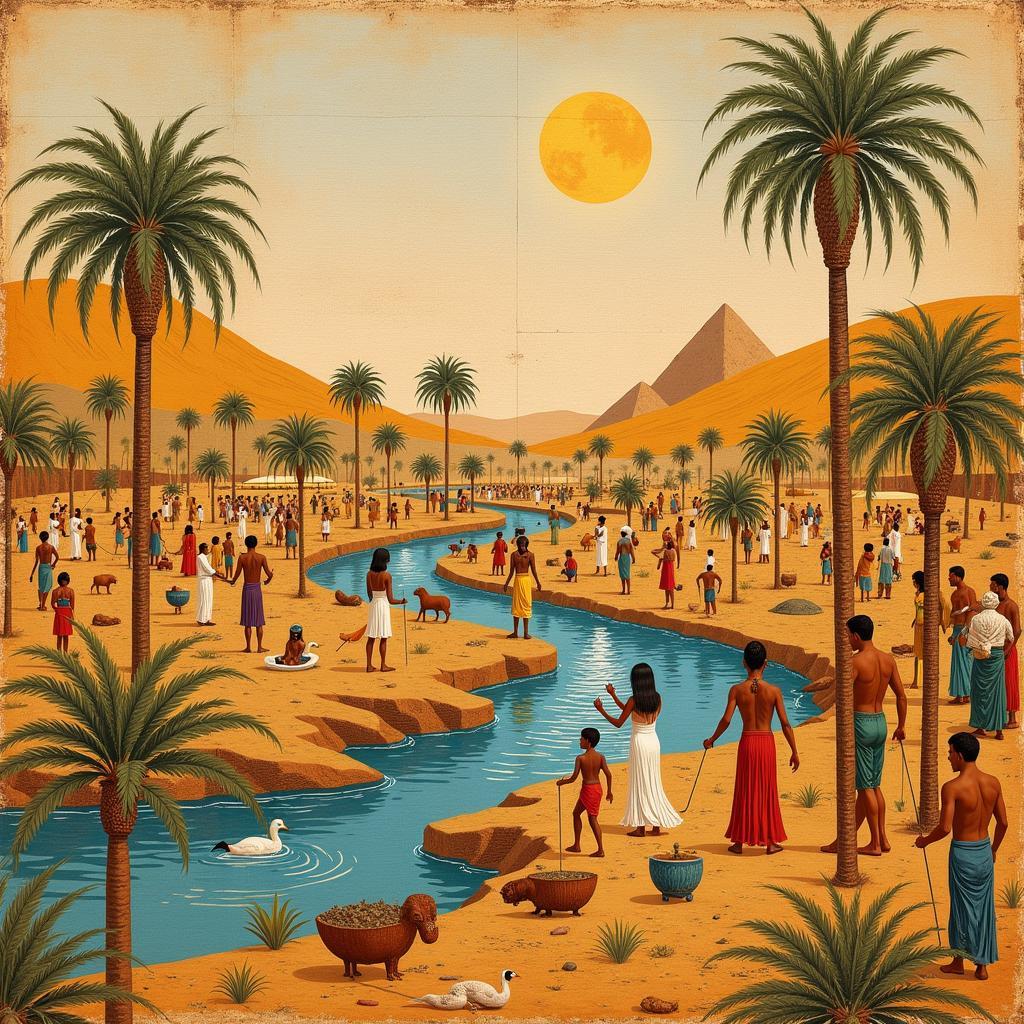 Ancient Egyptian papyrus art depicting a scene of daily life, showcasing vibrant colors and intricate details.