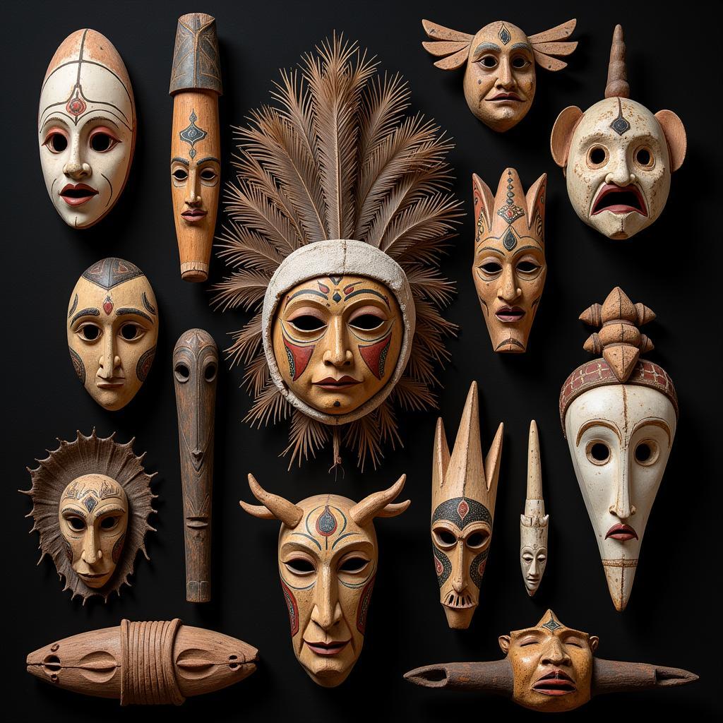 Ancient Tribal Art Masks: A display of various tribal masks from different cultures, showcasing their unique styles and materials.