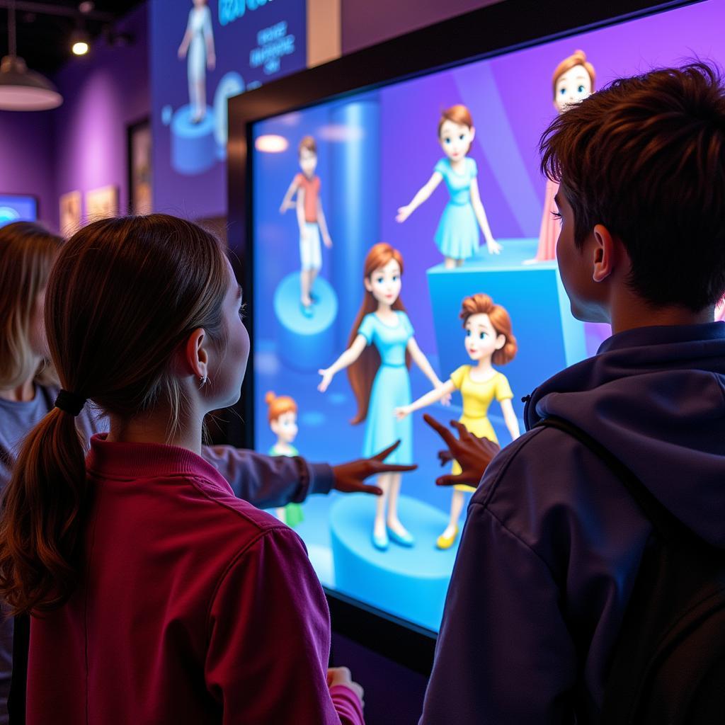 Visitors engaging with interactive exhibits in an anime art museum.