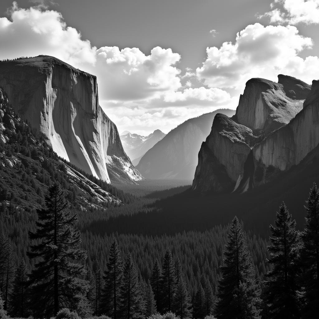 Ansel Adams Yosemite Valley Wall Art: A black and white photograph of Yosemite Valley, showcasing the iconic Half Dome and El Capitan, with dramatic light and shadow play emphasizing the grandeur of the landscape.