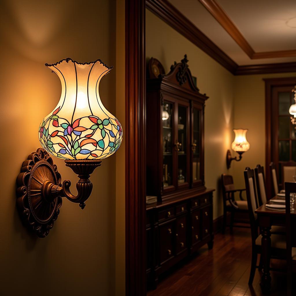 Antique art glass sconces in a dining room