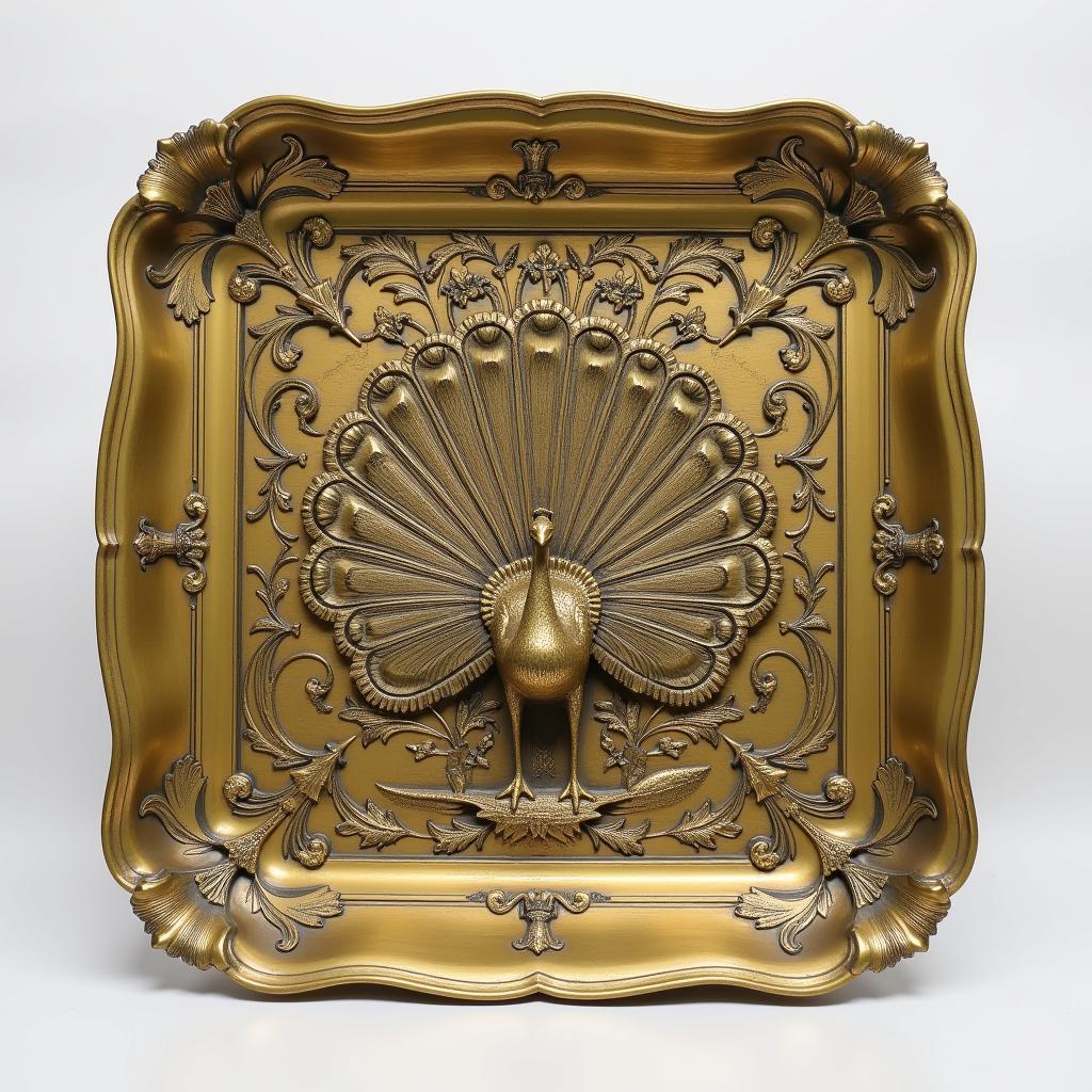 Antique Art Nouveau Brass Tray with Peacock Motif