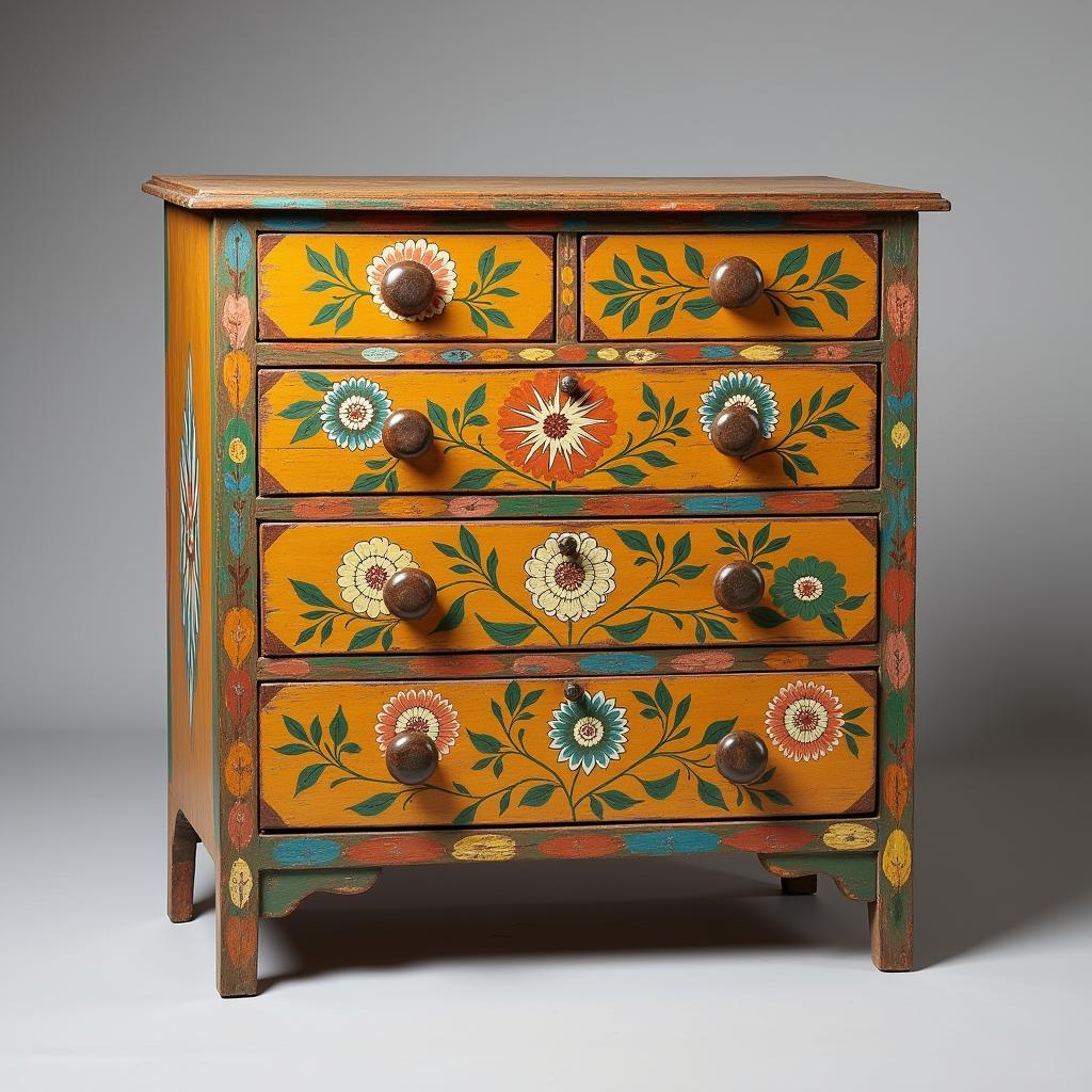 Antique Folk Art Painted Furniture: A brightly colored antique chest of drawers with hand-painted floral designs, demonstrating the decorative and functional aspects of folk art.